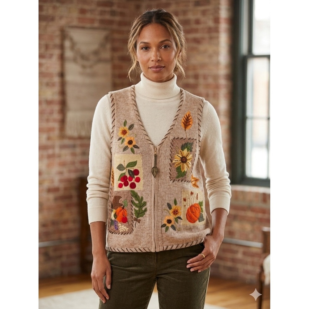 Tiara International Autumn Harvest Embroidered Zip Front Knit Vest Tan Medium